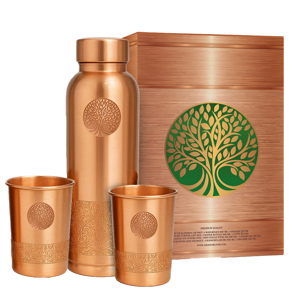 100% PUUR KOPEREN GIFTSET | WATERFLES 950 ML + 2 BEKERS 250 ML | PREMIUM QUALITY | HANDGEMAAKT EN UNIEK | CADEAUTIP