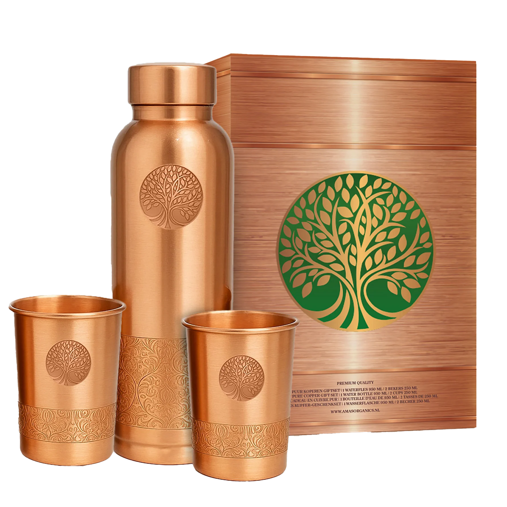 100% PUUR KOPEREN GIFTSET | WATERFLES 950 ML + 2 BEKERS 250 ML | PREMIUM QUALITY | HANDGEMAAKT EN UNIEK | CADEAUTIP