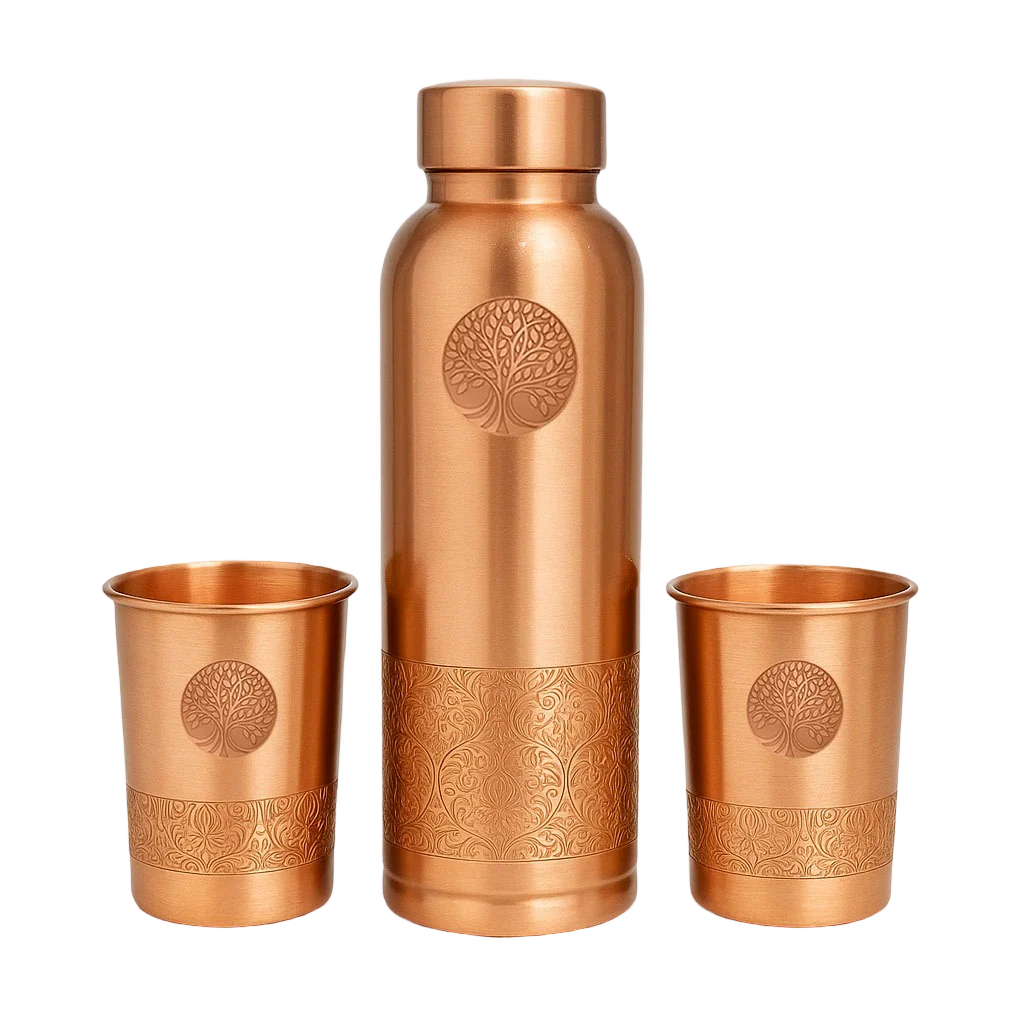 100% PUUR KOPEREN GIFTSET | WATERFLES 950 ML + 2 BEKERS 250 ML | PREMIUM QUALITY | HANDGEMAAKT EN UNIEK | CADEAUTIP