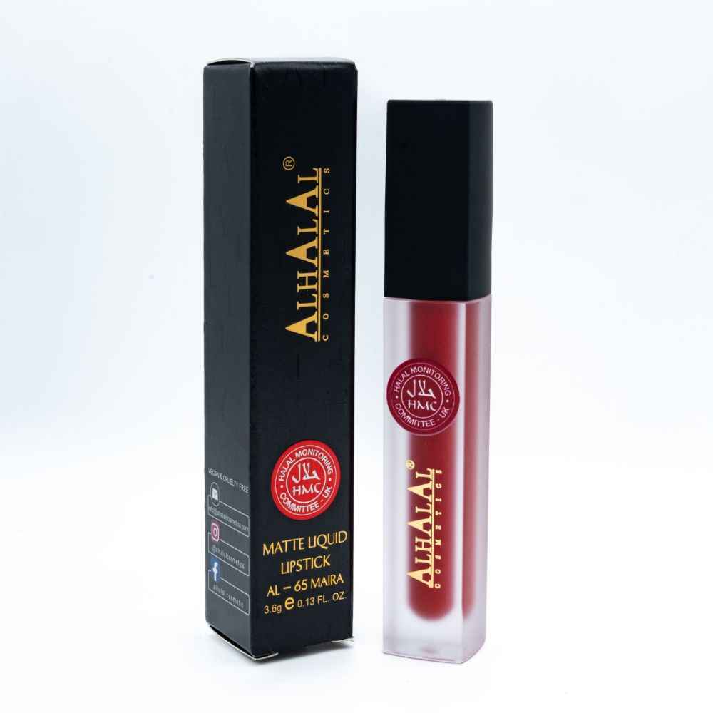Rouge à lèvres liquide mat d’Alhalal Cosmetics en rouge avec formule liquide lisse
