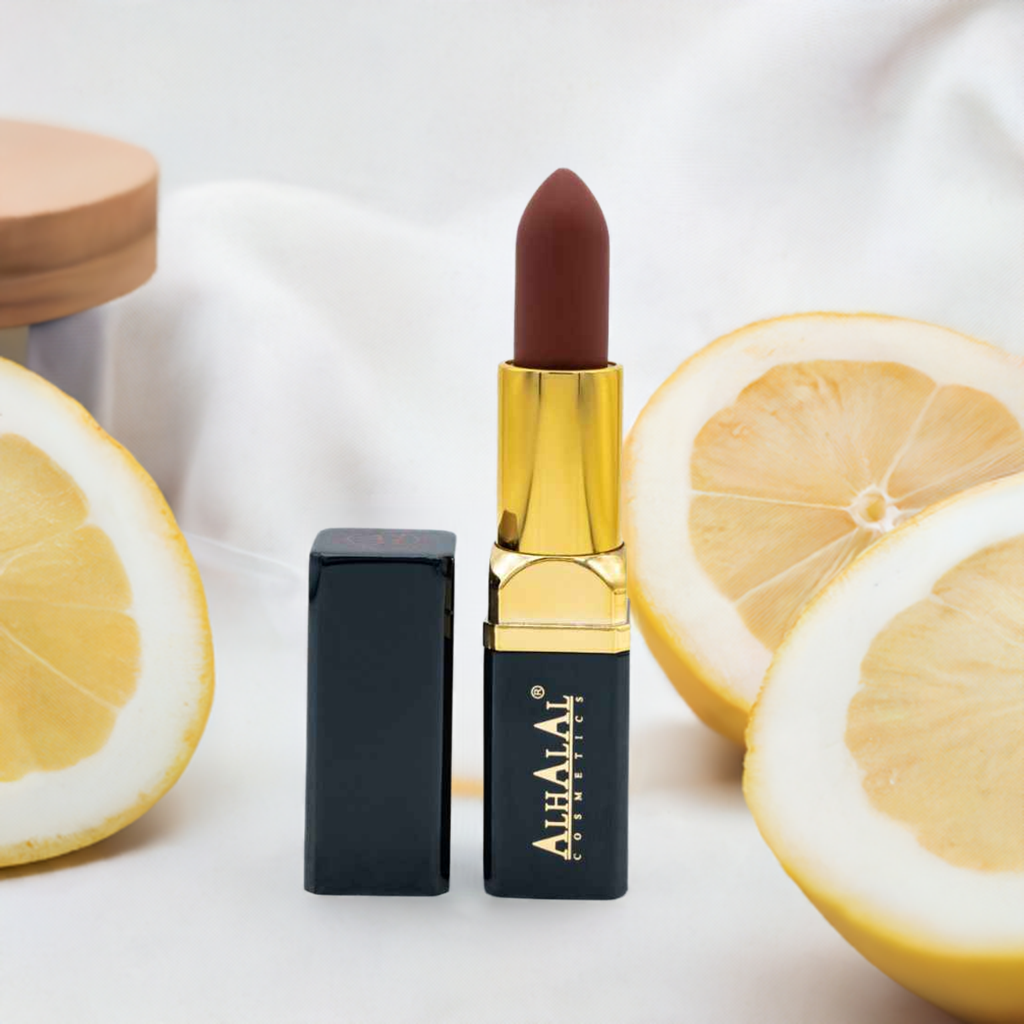 Rouge à lèvres velours Alhalal Cosmetics rouge profond avec une manche dorée et noire à côté du citron