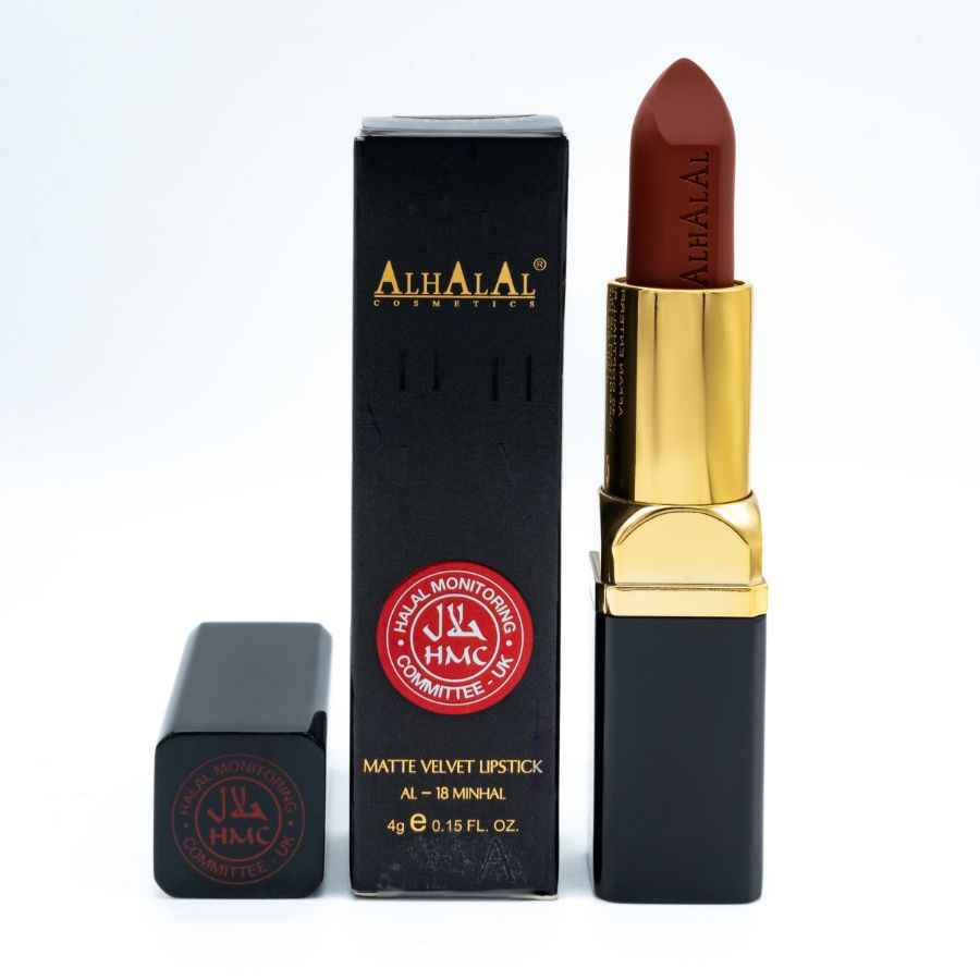 Alhalal Cosmetics Latte Velvet Lipstick en teinte marron avec emballage doré et noir ROUGE À LÈVRES BRUN ORANGE