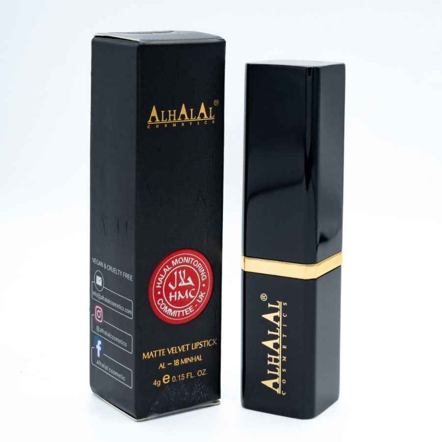 Rouge à lèvres en velours mat d’Alhalal Cosmetics avec emballage et tube teinte brun orangé