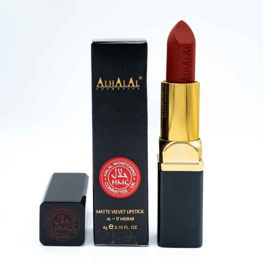 Rouge à lèvres foncé d’Alhalal Cosmetics en velours mat avec un emballage luxueux noir et or