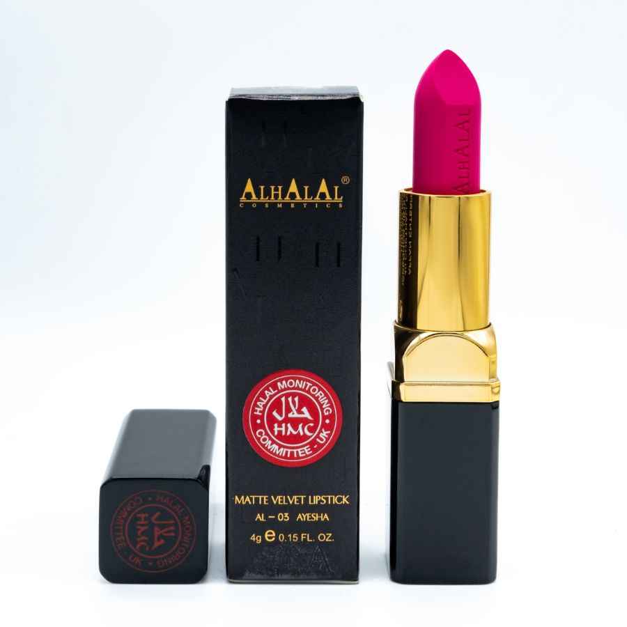Alhalal cosmetics matte velvet lippenstift in felle roze kleur GRIJZE Lippenstift verpakking