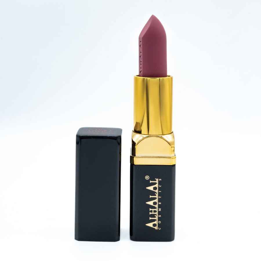 Rouge à lèvres velours Alhalal Cosmetics en rouge à lèvres brun violet avec manche dorée