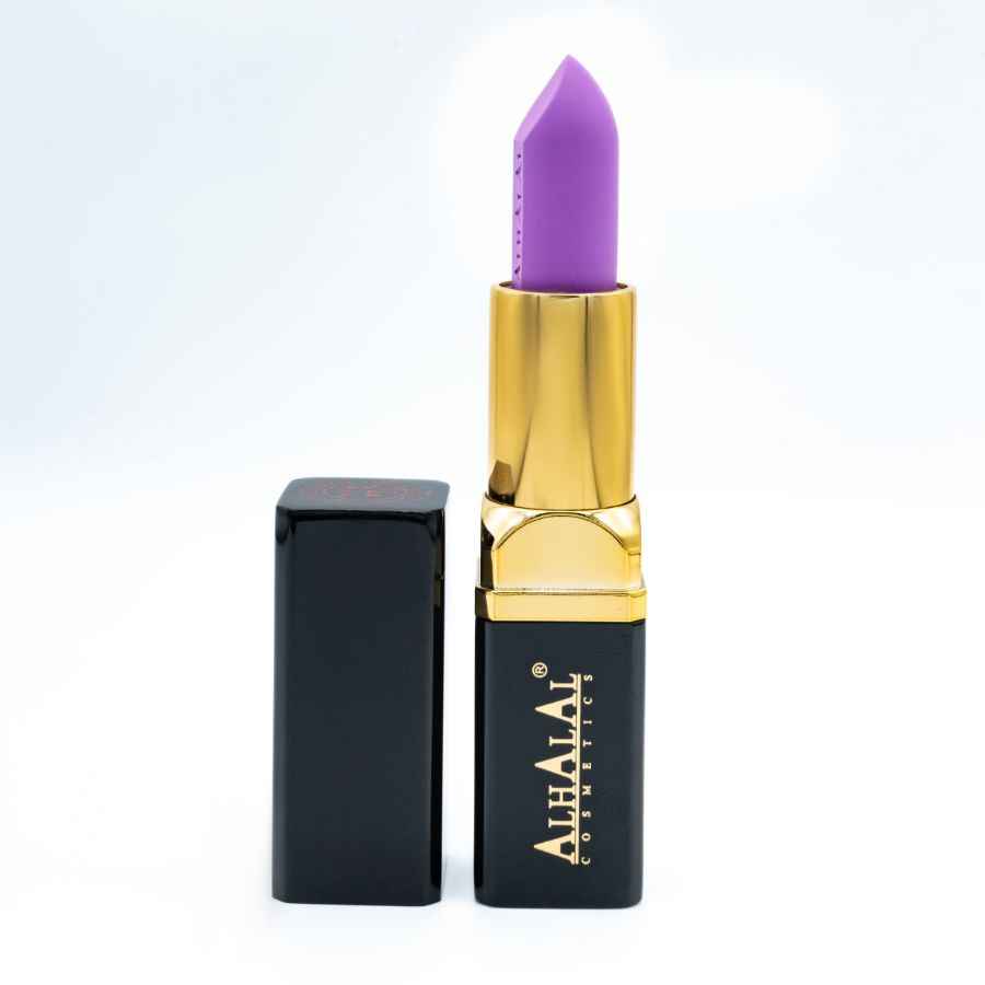 Rouge à lèvres violet Alhalal Cosmetics en velours avec manchette dorée et noire
