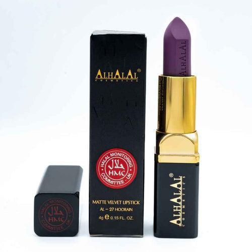 ROUGE À LÈVRES VIOLET d’Alhalal Cosmetics en velours avec une pochette dorée et noire