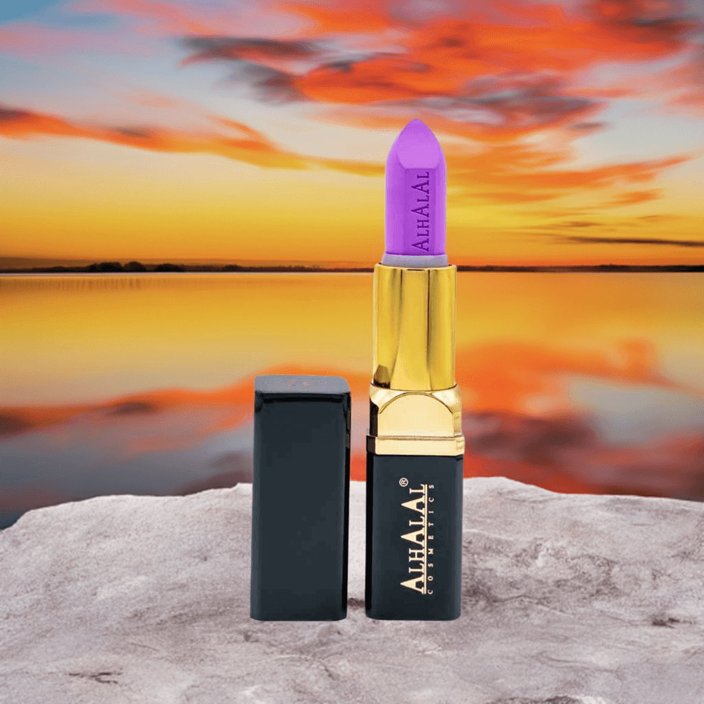 Alhalal cosmetics PARSE LIPPENSTIFT paarse velvet lipstick met gouden huls bij zonsondergang