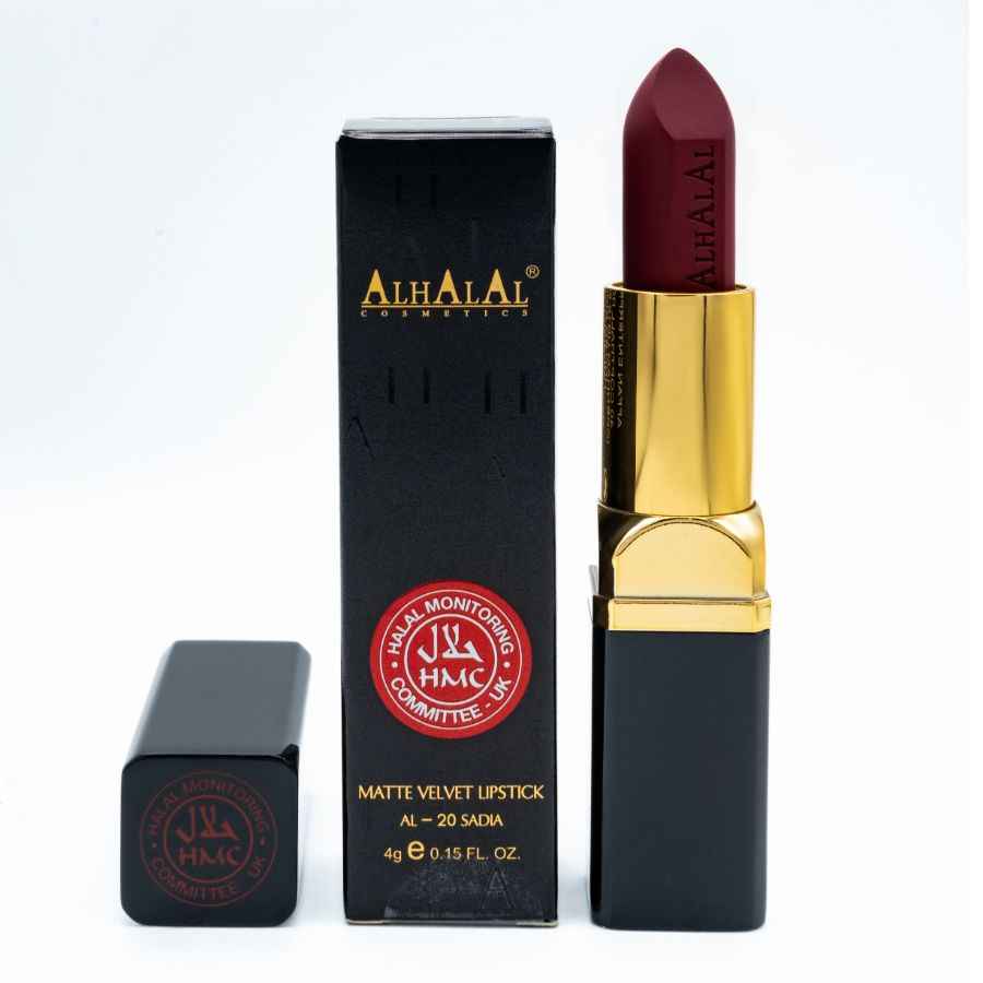 Alhalal Cosmetics Matte Velvet Lipstick dans une couleur rouge rose foncé avec un emballage noir et or