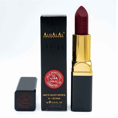 Alhalal Cosmetics Matte Velvet Lipstick dans une couleur rouge rose foncé avec un emballage noir et or