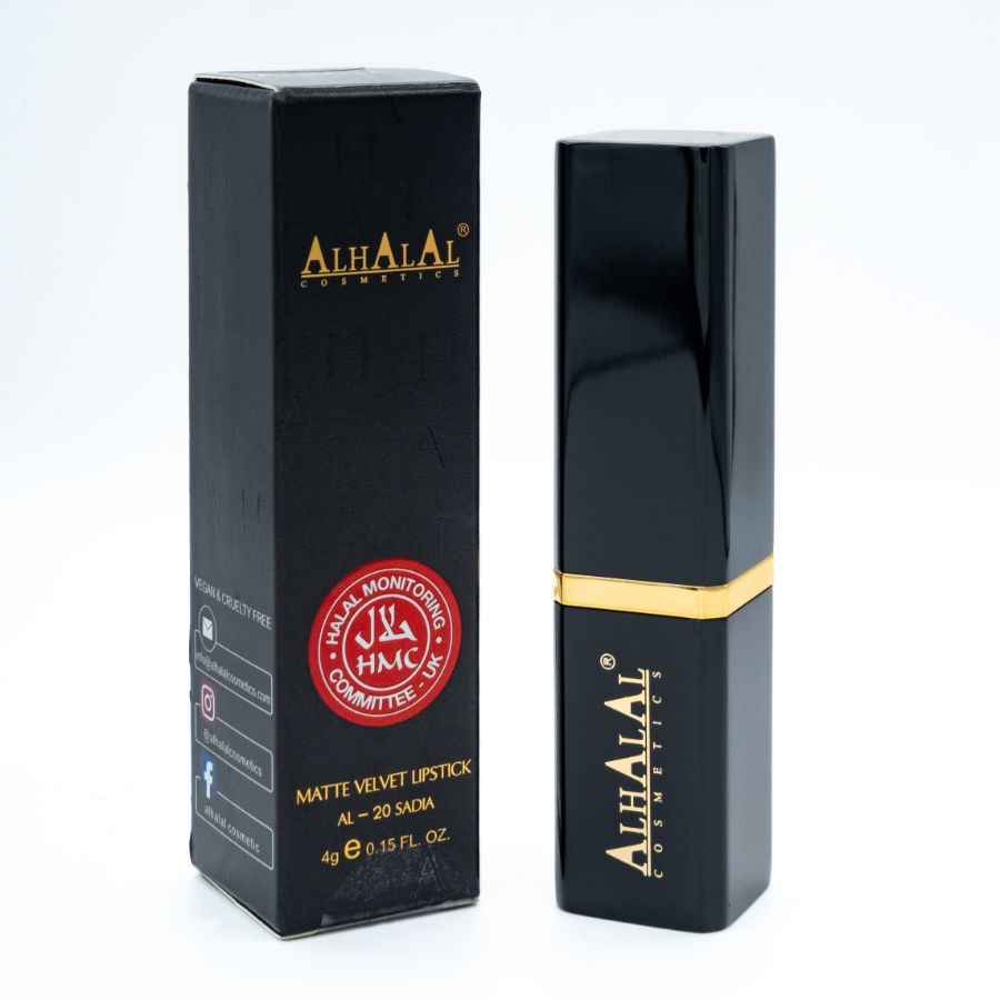 Rouge à lèvres velours Alhalal Cosmetics en emballage noir avec tamisage à lèvres rouge rose
