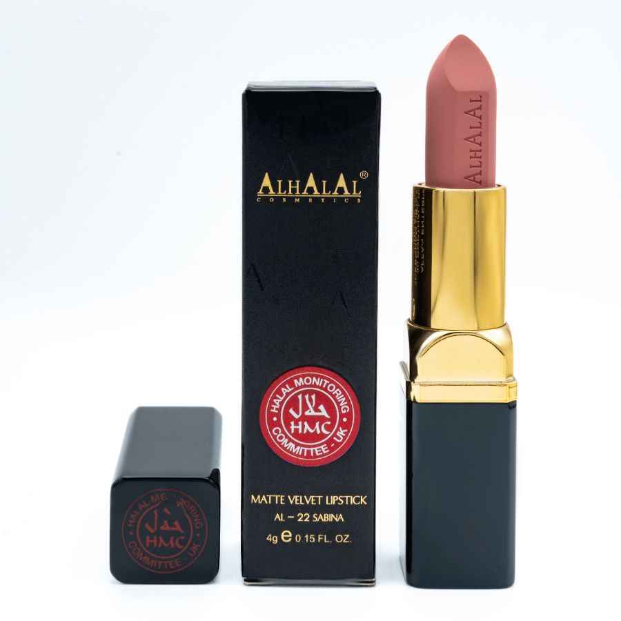 Rouge à lèvres en velours mat d’Alhalal Cosmetics en rouge à lèvres rose avec un emballage luxueux noir et or