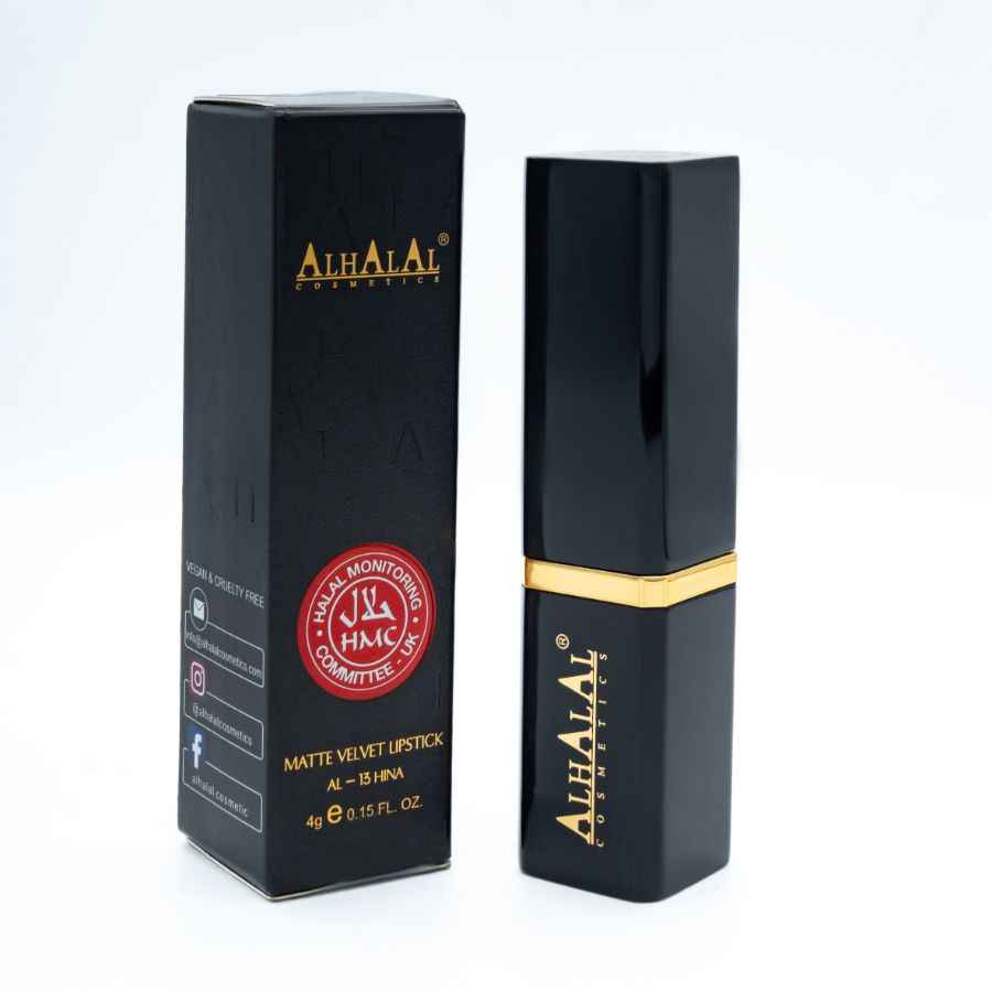 Emballage et pochette en velours à lèvres noir mat d’Alhalal Cosmetics avec ROUGE À LÈVRES ROSE