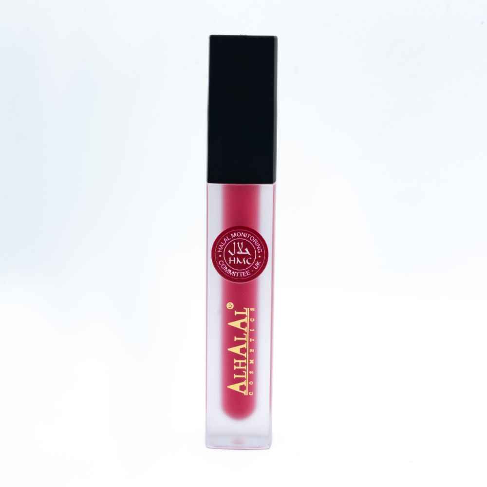Le rouge à lèvres liquide Alhalal Cosmetics dans un flacon transparent mat avec un bouchon noir