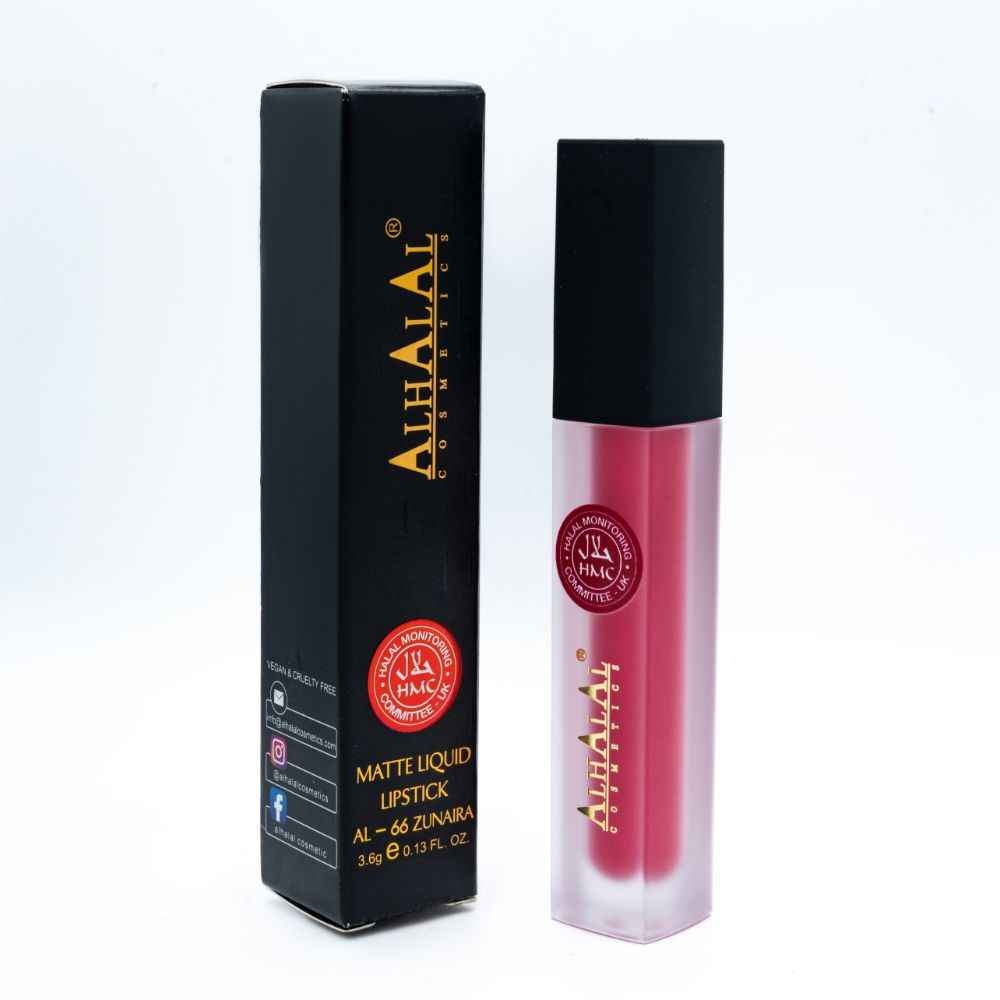 Alhalal Cosmetics rouge à lèvres liquide rose mat avec emballage noir et certificat halal