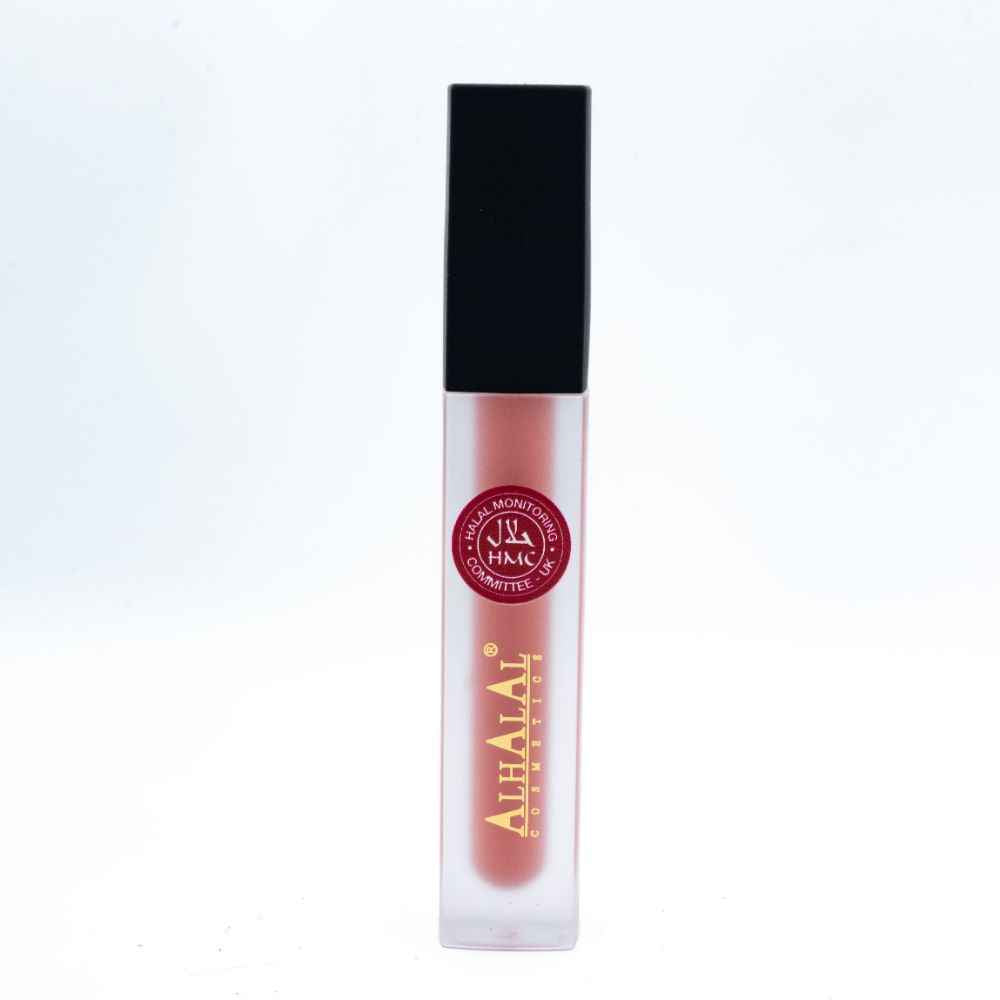 Rouge à lèvres liquide Alhalal Cosmetics dans une teinte rose pâle mate avec un bouchon noir