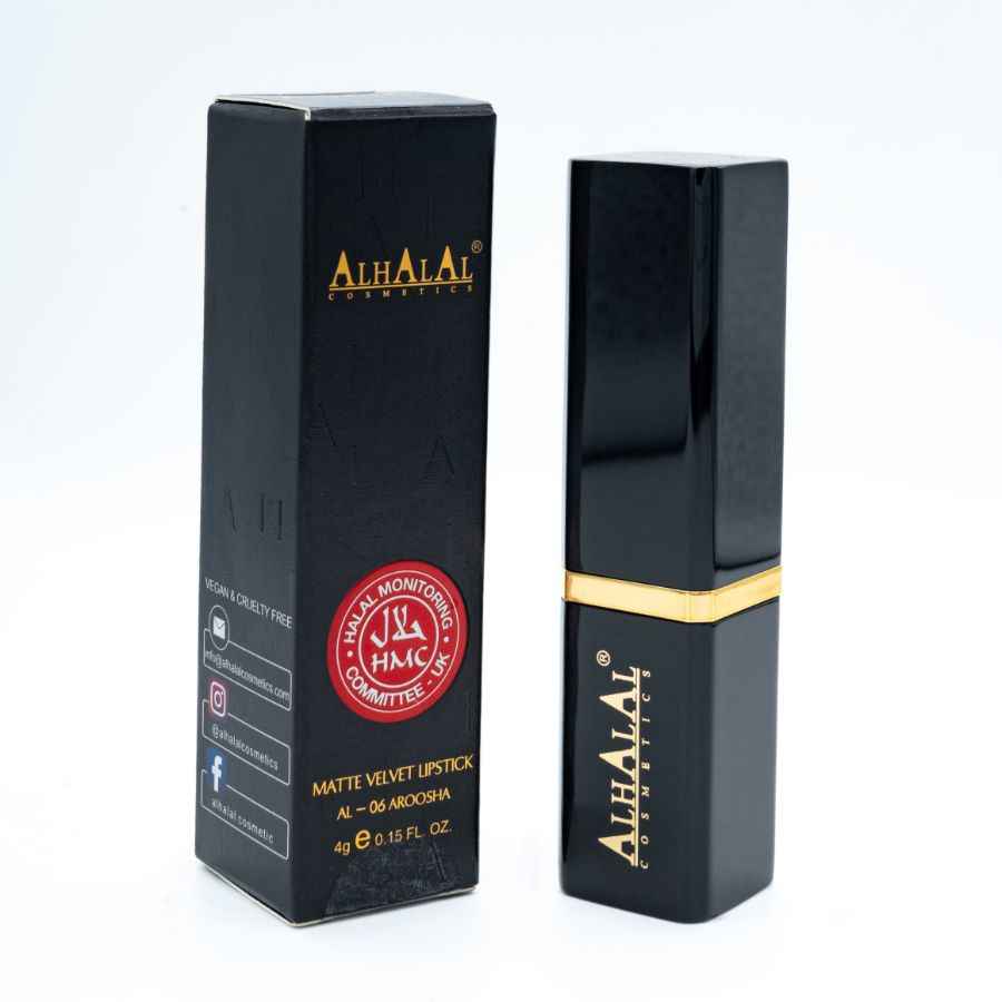 Rouge à lèvres velours Alhalal Cosmetics dans un emballage noir de luxe avec couleur ROUGE à lèvres WINE