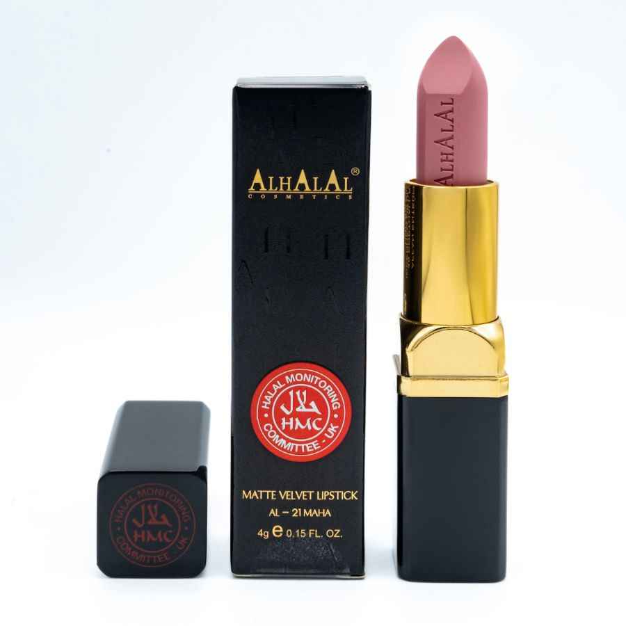 Rouge à lèvres marron doux d’Alhalal Cosmetics en velours mat avec une manche dorée et noire
