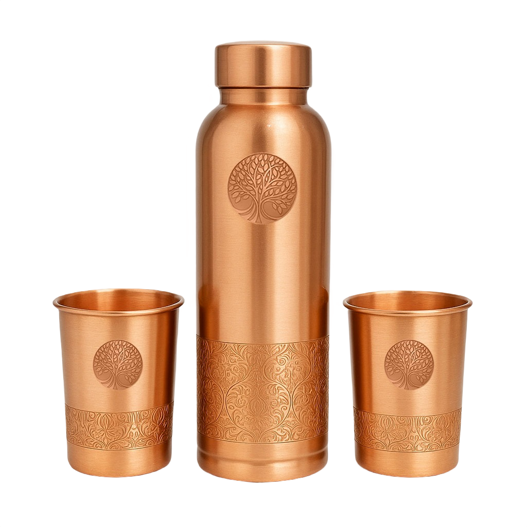 100% PUUR KOPEREN GIFTSET | WATERFLES 950 ML + 2 BEKERS 250 ML | PREMIUM QUALITY | HANDGEMAAKT EN UNIEK | CADEAUTIP